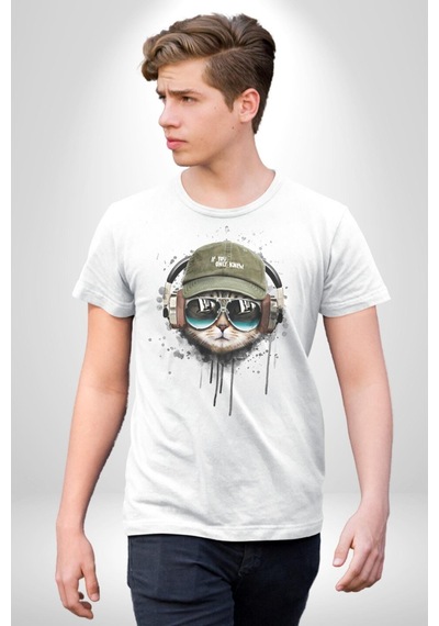Havalı Pilot Şapkalı Müzik Dinleyen Kedi Unisex Unisex Beyaz Organik Baskılı T-shirt Penye Yüksek Kalite Beyaz