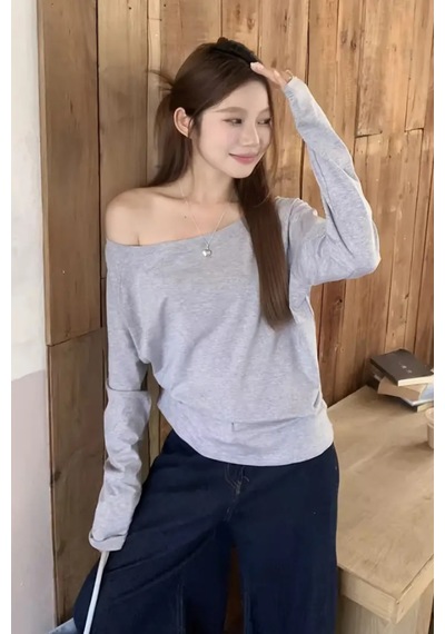 Cool Tarz Gri Kadın Düşük Omuz Kayık Yaka Oversize Uzun Kollu T-shirt Gri Gri
