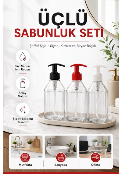 Sıvı Sabunluk Pompalı Şeffaf Dispenser 500 Ml Üçlü Set Şefaf
