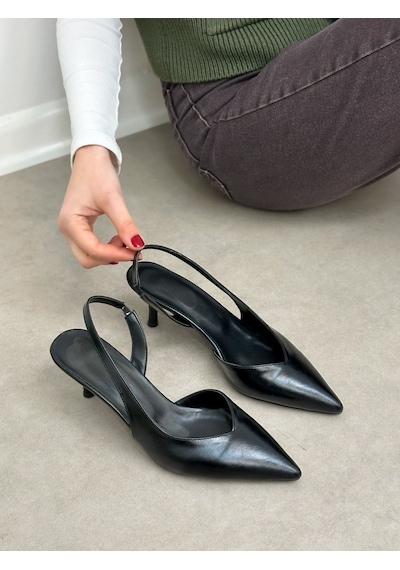 Ervanın Butiği Siyah Parlak Deri Jaren Lastik Detay Kadın Stiletto-6087 Siyahcilt