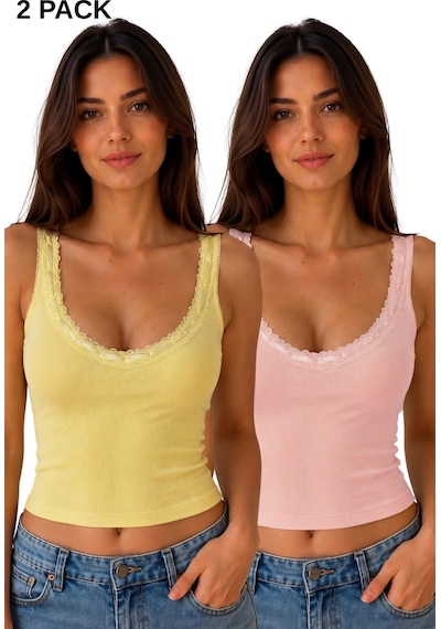Sensu Kadın Dantel Askılı 2'li Viskon Crop Sarı-pembe