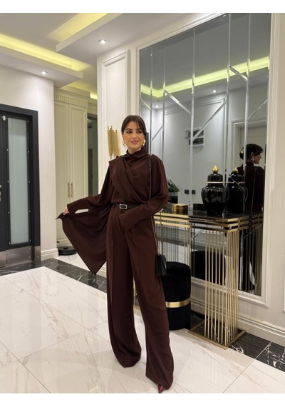 Efnaz Style Kadın Uzun Kollu Şal Detaylı Bluz Ve Pantolon Ikili Takım Kemer Dahil Değil Kahve