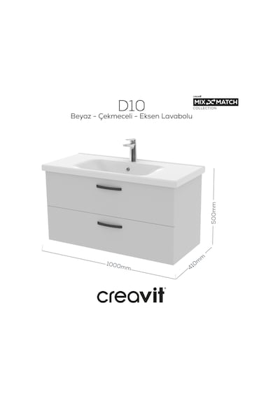 Creavit D20 100 Cm İki Çekmeceli Lavabo Dolabı Beyaz Melamin Kapak Demonte Beyaz