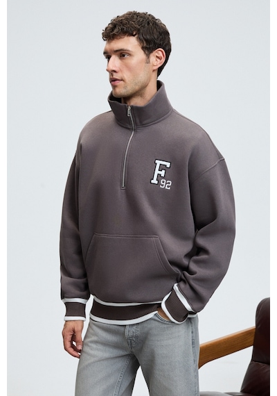 Grimelange PLATA Erkek Yarım Fermuarlı Kanguru Cepli Etek Ve Kolda Triko Detay Relaxed Fit Füme Sweatshirt