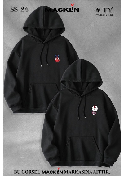 Macklin Sevgili Çift Kombin Spiderman Ve Hello Kitty Baskılı Özel Tasarım Kapüşonlu Sweatshirt 2li Set Takım Siyah1 Mck1076 Siyah