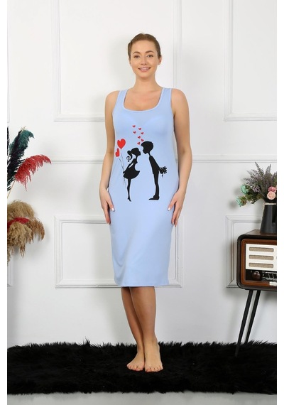 Akbeniz Kadın Kalın Askılı Penye Uzun Mavi Gecelik 12001 Mavi