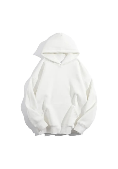 Swoord Kapüşonlu Unisex Oversize Sweatshirt 3 Iplik Şardonlu Pamuklu Baskısız Beyaz