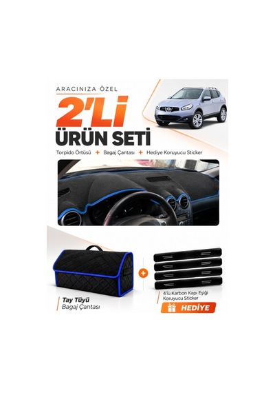 Nissan Qashqaı J10 2007-2014 Uyumlu Torpido Örtüsü + Tay Tüyü Bagaj Çantası + Sticker - Siyah Mavi