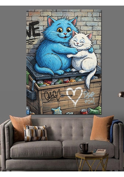 Ahşap Tablo Sarılan Sevimli Kedi Çifti