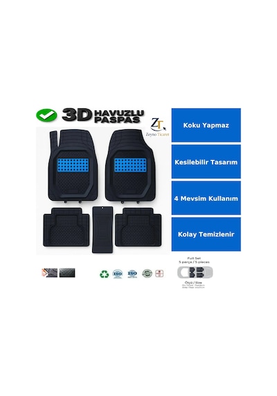 Renault Kango Combi 2003 Uyumlu 3 Cm Havuzlu 5 Parça 3d Universal Oto Paspas Siyah-mavi