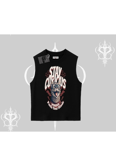 Tarzsokak Stay Curious Kedi Baskılı Kolsuz Tshirt Siyah