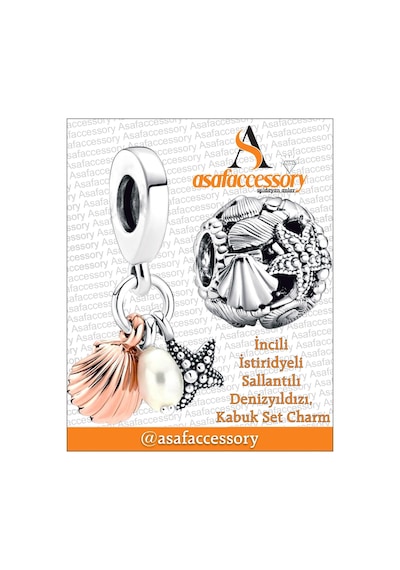 İncili İstiridyeli Sallantılı Ve Denizyıldızı Kabuk Set Charm Gümüş