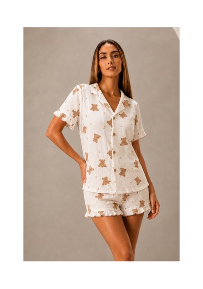 Fit Women Kadın Günlük Düğmeli V Yaka Kar Beyaz Pijama Takımı