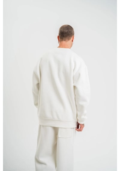 Erkek Uzun Kol Bisiklet Yaka 3 İplik Pamuklu Kışlık Sweatshirt - Beyaz