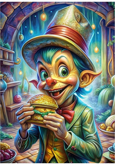 Hamburger Yiyen Sevimli Cin Hediyelik Ahşap Tablo 35cm X50cm