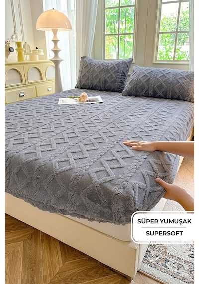 Süper Yumuşak Jakar Kadifemsi Peluş Lastikli Fitted Çarşaf Seti Kaymaz Tek/çift Kişilik Antrasit Koyu Gri