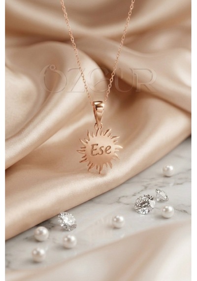925 Ayar Gümüş, İsimli, Minimal Güneş Kolye Rose Gold