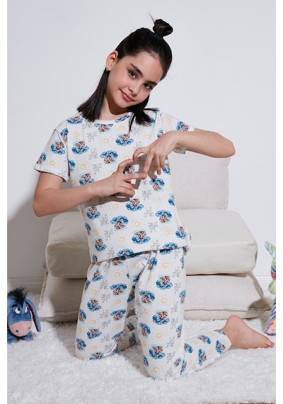 Lela % 100 Pamuk Bisiklet Yaka Kısa Kollu Kız Çocuk Pijama Takımı 6651004 Ekru-Mavi