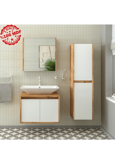 Banos Roomart Lavabolu Ahşap-Mat Beyaz Mdf 65 Cm Banyo Dolabı+A.. Beyaz