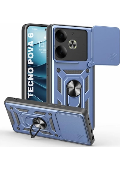 Tecno Pova 6 Uyumlu Tank Kılıf Yüzüklü Standlı Extra Koruma Zırhlı Outdoor Kapak - Lacivert