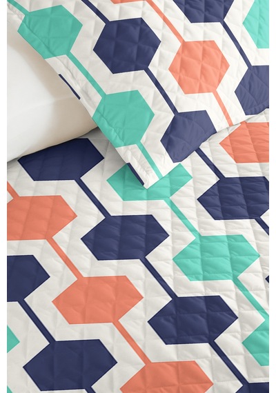 Geometrik Lacivert Genç Odası Tek Kişilik Pike Takımı - Mint Somon 160x220 Cm Kapitone Yatak Örtüsü Altın