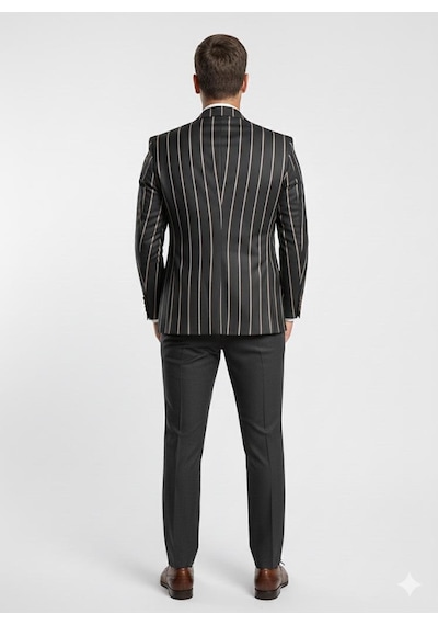 Erkek Çizgili Takım Elbise 3 Lü Set Ceket + Yelek + Pantolon Slim Fit İtalyan Tarz Siyah