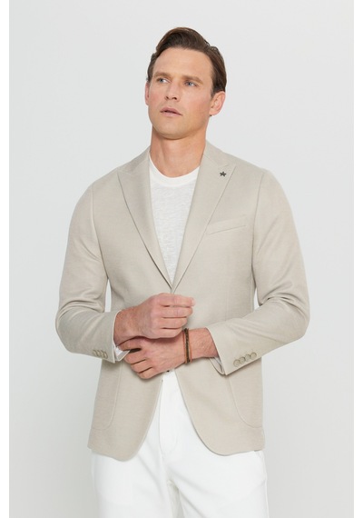 AC&Co / Altınyıldız Classics  Erkek Bej 360 Her Yöne Esneyen Pamuklu Slim Fit Kırlangıç Yaka Armürlü Blazer Ceket Bej