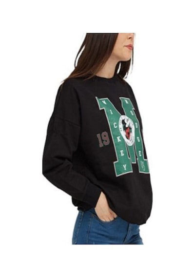 Siyah Mıckey Mouse Baskılı Cepli Bisikletyaka Oversize Sweatshirt