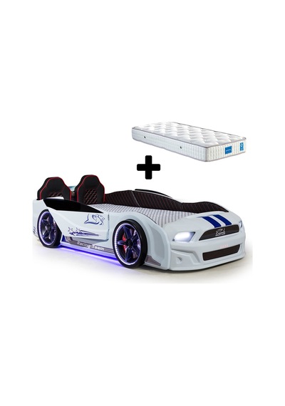 Beyaz Arabalı Yatak Kapıları Açılan Mustang Full Ledli Kumandalı Ve Müzikli + Ortopedik Yatak Beyaz Arabalı Yatak Kapıları Açılan Mustang Full Ledli Kumandalı Ve Müzikli + Ortopedik Yatak