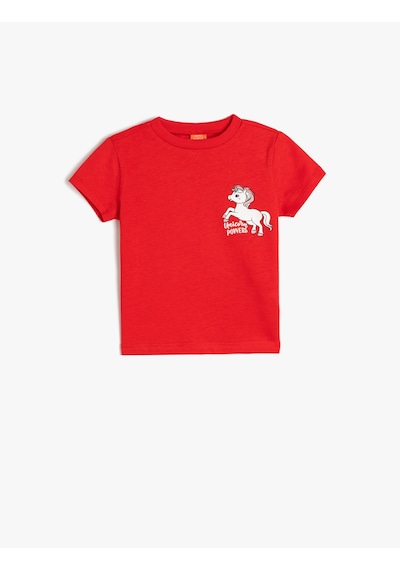 Koton Pamuklu Kısa Kollu Unicorn Baskılı Bisiklet Yaka Tişört Kırmızı 5smg10021ak Kırmızı