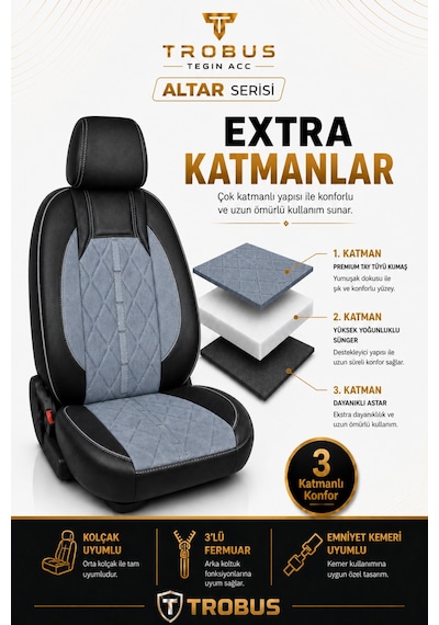 Fiat Egea Cross 2020+ Uyumlu Altar Serisi Tay Tüyü Füme Siyah Premium Koltuk Kılıfı