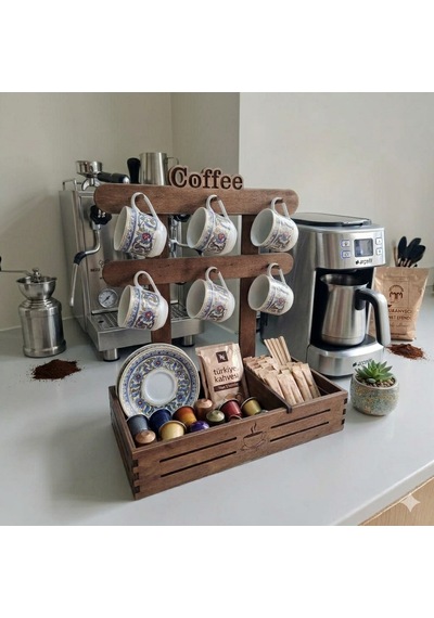 Ahşap Kahve Köşesi - Fincan Askılık, Kahve Kapsülü Ve Şeker Organizeri, Kahve Sepeti. 30cm Ahşap Stand