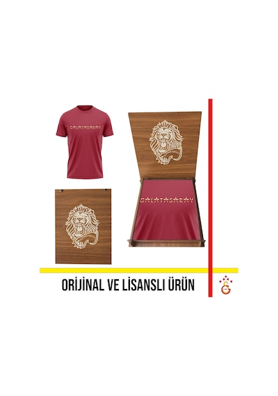 Galatasaray Lisanslı Yazılı 5 Yıldız Bordo T-shirt Aslan Ahşap Kutulu E251501 Kırmızı