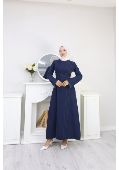 Caddebostan Moda Lacivert Denim Çift Bağcık Detaylı Uzun Kot Jean Tesettür Elbise