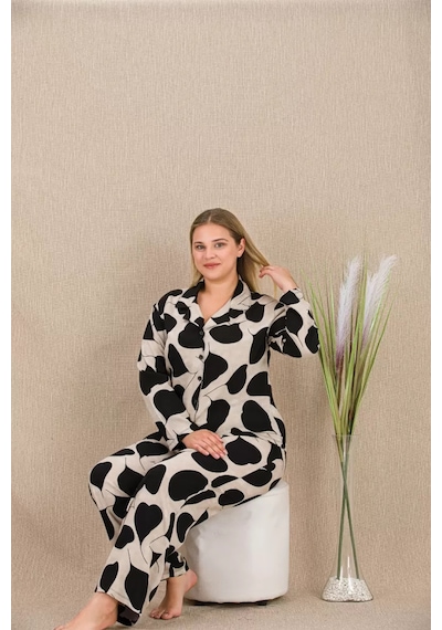 Naam Büyük Beden Siyah Beyaz Kalp Desenli Düğmeli Uzun Kol Viskon Pijama Takımı Çok Renkli
