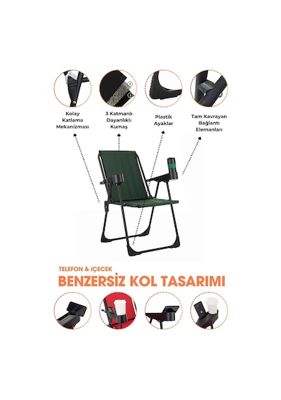3 Adet Kamp Sandalyesi, Katlanır Kamp Sandalyesi, Bardaklıklı Kamp Sandalyesi,plaj Piknik Sandalyesi Yeşil