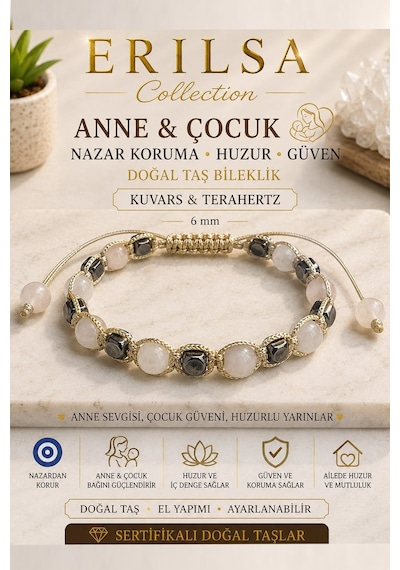 Sertifikalı Anne Çocuk Nazar Koruma Huzur Güven Bilekliği Kuvars Terahertz 6 Mm Çok renkli