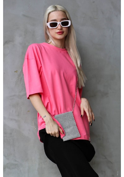Madmext Pembe Bisiklet Yaka Basic Oversize T-shirt Mg1687-pembe Pembe