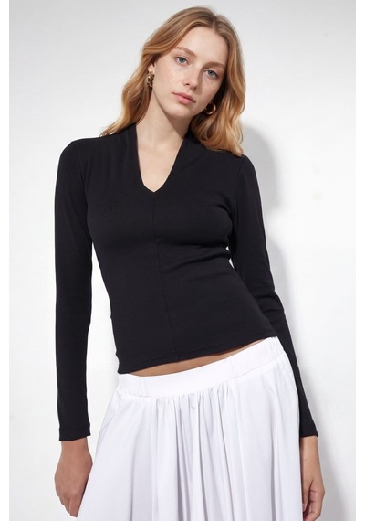 Hiccup Busem Slim Fit V Yaka Uzun Kollu Bluz Siyah