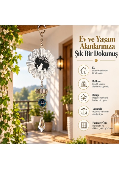 Kedi Desenli Rüzgar Çanı 36 Cm Metal Kristal Sarkıtlı Dekoratif Balkon Bahçe Asma Süsü