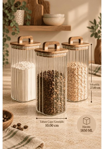 Atbyhome 3'lü Kulplu Akasya Ahşap Kapaklı Çizgili Cam Kavanoz Seti 1850 Ml - Vakumlu Kare Spagetti Erzak Kabı