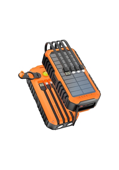 20000 Mah Solar Powerbank - El Kranklı, Dahili Kablolu Taşınabilir Su Geçirmez Powerbank Siyah - Turuncu