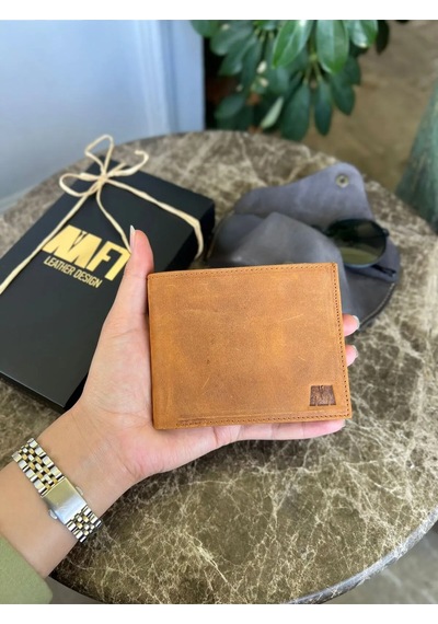 Mft Leather Hakiki Deri Erkek Cüzdan Hediye Kutulu - 2612 Royal Crayz Camel Anahtarlık Hediyeli Camel
