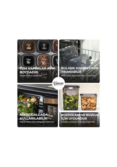 Beyaz Serigrafi Etiketli Kare Erzak Saklama Kabı 12'li Set 4x 0,55 Litre, 1,2 Litre, 1,75 Litre Diğer