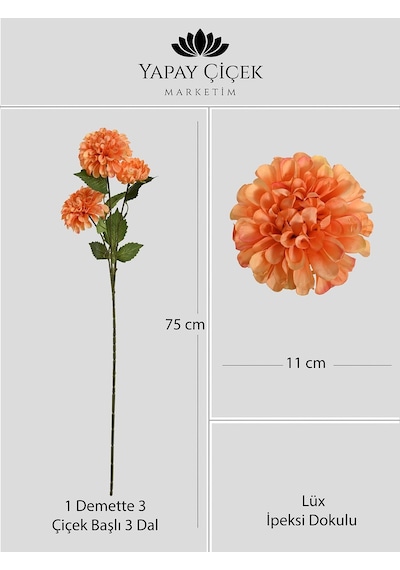 Turuncu Yapay Dahlia Yıldız Çiçeği 3 Dallı Lüx İpeksi Dokulu 75 Cm