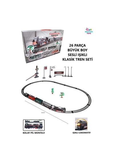 26 Parça Büyük Boy Pilli Sesli Ve Işıklı Klasik Tren 105 Cm 3 Farklı Ray Oyuncak Lokomotif Seti