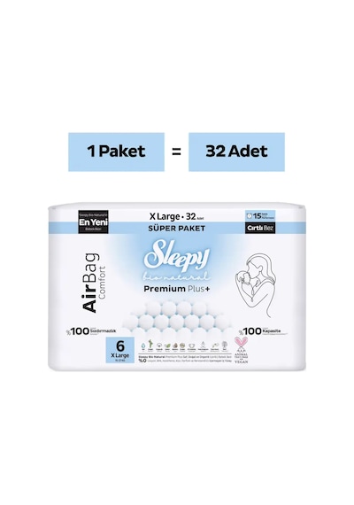 Sleepy Bio Natural Premium Plus Airbag Comfort Süper Paket Bebek Bezi 6 Numara Xlarge 32 Adet