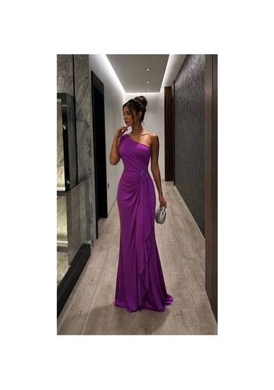 Lior Design Kadın Sade Tek Omuz Kemerli Maxi Abiye Elbise Mor