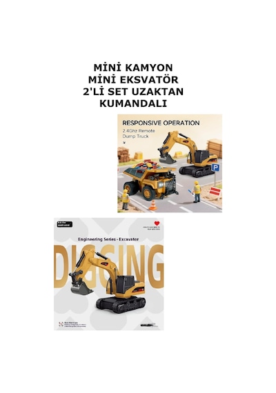 1/64 2.4 Ghz Usb Şarjlı Uzaktan Kumandalı Mini Ekskavatör Mini Kamyon 2 Li Set Sarı