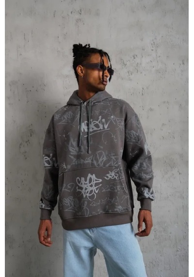 Veraura Lifestyle Erkek Baskılı Kapüşonlu Ribanalı Sweat - Gri